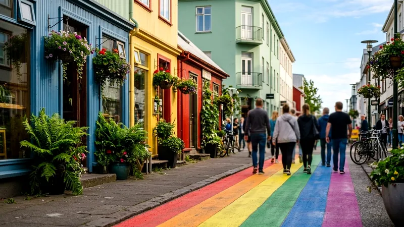 Rainbow-painted street lined with colorful shops and green plants