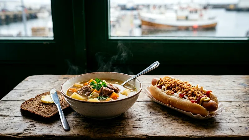 Icelandic lamb soup and hot dog with crispy onions on wooden table